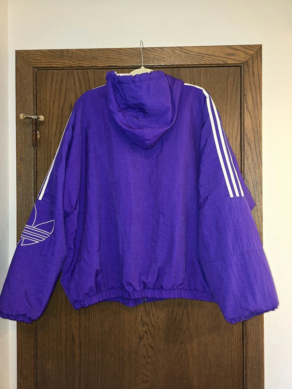 adidas Vintage Purple Hooded Trefoil Crinkle Puff Jacket White Stripes size XL